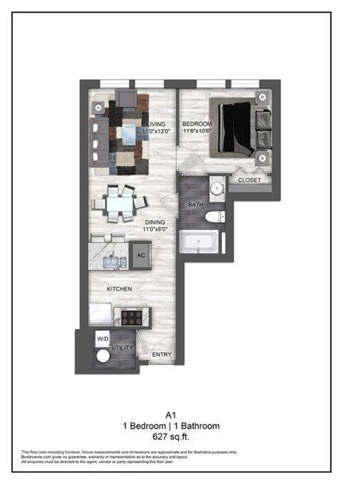 Floor plan for 1 bed, 1 bath, 627 sqft